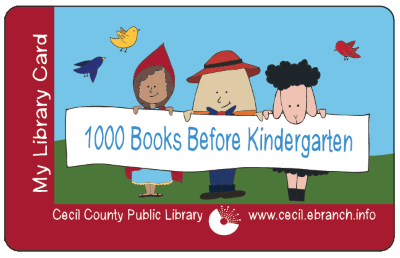 Library Card graphic with Humpty Dumpty, Little Red Riding Hood, Mary's Little Lamb holding a sign that reads, "1000 Books Before Kindergarten"