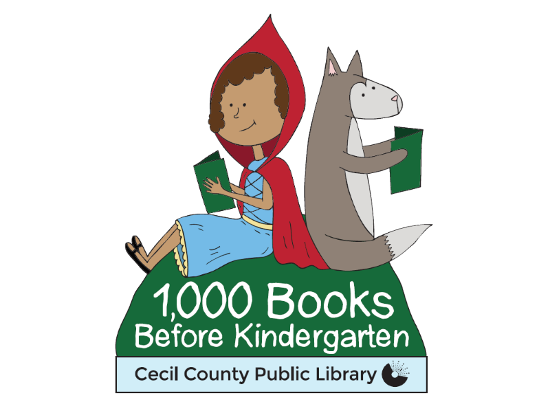 1,000 Books Before Kindergarten graphic showing little red riding hood and the wolf both reading books