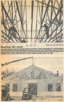 Newspaper clipping about the installation of the trusses at the current branch in Early 1991. (Photo credit: Cecil Whig, 1991.)